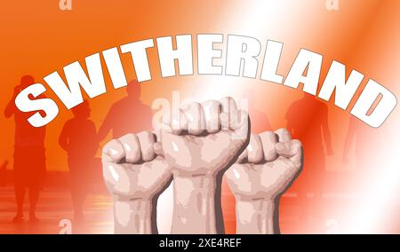 Schweiz, Fanunterstützung, Fäuste hochgezogen, Flaggenfarben Stockfoto