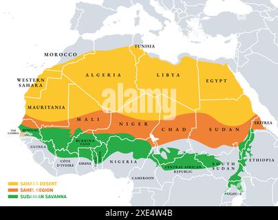 Sahara, Sahel und sudanische Savanne, politische Karte. Saharwüste, Sahelzone und breiter Gürtel der tropischen sudanischen Savanne. Stockfoto