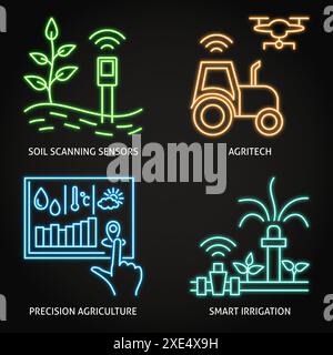 Smart Agriculture Neon-Symbolsatz. Agritech, Bodenscan, automatische Bewässerung. Vektorabbildung. Stock Vektor