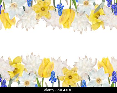 Farbenfrohe Frühlingsblumenkante mit Narzissen, Tulpen und anderen Blüten, perfekt für saisonale Designs. Isolierte Objekte auf weißem Hintergrund für die Gestaltung einer Broschüre, eines Flyers, eines E-Packs, eines Etiketts oder einer Werbung. Digitale Kunst. Stockfoto