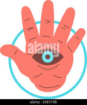 Heilige menschliche Hand mit allen sehenden Augen esoterische Magie und Vorsehung Konzept Symbol Vektor flache Illustration. Cartoon männlicher Arm offen Palme mystische spirituelle Stock Vektor