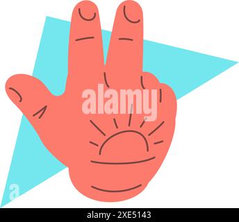 Hipster männliche Hand zeigt drei zwei Finger Frieden Sieg Geste Symbol Vektor flache Illustration. Menschlicher Cartoon-Arm mit Tattoo-Gesten-Harmonie befreit Stock Vektor