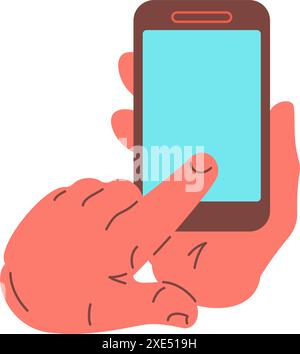 Menschliche Hände verwenden Smartphone Touchscreen Anwendung Symbol Vektor flache Illustration. Cartoon männliche Arme halten Handy surfen Internet Cha Stock Vektor