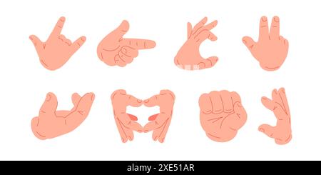 Männliche Zeichentrickerhände, die unterschiedliche Gestenfinger zeigen, positionieren große Set Icon Vektor flache Illustration. Menschliche Waffen mit Gesten aus schwerem Metall Stock Vektor