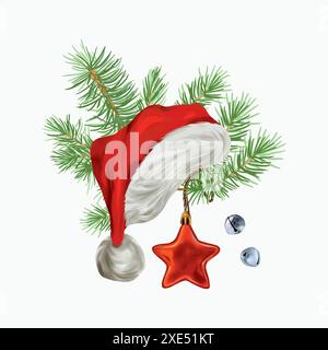 Weihnachtsmann Hut, Tannenzweig, Weihnachtsbaumstern Spielzeug. Handgezeichnete Vektor-Illustration im Vintage-Stil. Für Neujahrskarten, Einladungen, große Banner, Stock Vektor