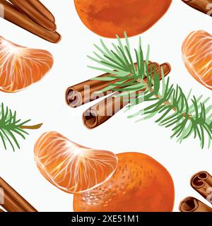 Mandarinen, Zimt, Fichtenzweige. Nahtloses Muster. Handgezeichnete Vektor-Illustration im Vintage-Stil. Für Neujahrs- und Weihnachtskarten, Verpackung Stock Vektor