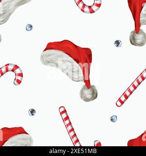 Weihnachtsmann Hut, Zuckerrohr, Glocken. Nahtloses Muster. Handgezeichnete Vektorgrafik. Für Weihnachts- und Neujahrskarten, Geschenkpapier, Boxen, Textil Stock Vektor
