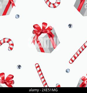 Geschenkbox, Zuckerrohr, Glocken. Nahtloses Muster. Handgezeichnete Vektor-Illustration im Vintage-Stil. Für Neujahr- und Weihnachtskarten, Geschenkpapier, Text Stock Vektor