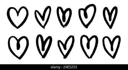 Set aus zehn handgezeichneten Herzen auf weißem Hintergrund. Handgezeichneter rauer Herzmarker. Vektor-Illustration für Ihr Grafikdesign, Love Design Stock Vektor