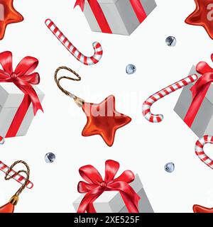 Geschenkbox, Zuckerrohr, Weihnachtsbaumstern, Glocken. Nahtloses Muster. Handgezeichnete Vektorgrafik. Für Neujahrskarten, Geschenkpapier, Textilien, Stock Vektor