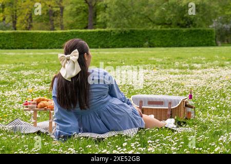 Glückliche Frau genießt das Leben. Verbringt Zeit in der Natur. Eine Dame sitzt auf dem Gras in einem Park, mit einem Picknicktisch mit Essen in der Nähe. Rückansicht. Es gibt einen Stockfoto