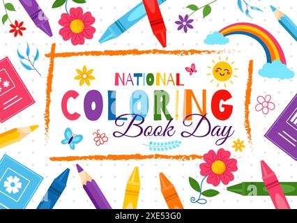 National Coloring Book Day Vektor Illustration für den 2. August mit farbigen Bleistiften oder Buntstiften für das Zeichnen in einem flachen Stil Cartoon Hintergrund Stock Vektor