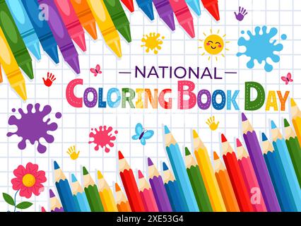 National Coloring Book Day Vektor Illustration für den 2. August mit farbigen Bleistiften oder Buntstiften für das Zeichnen in einem flachen Stil Cartoon Hintergrund Stock Vektor