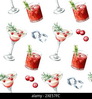 Weihnachtlicher Cranberry-Cocktail mit nahtlosem Muster. Handgezeichnete Aquarellillustration isoliert auf weißem Hintergrund Stockfoto