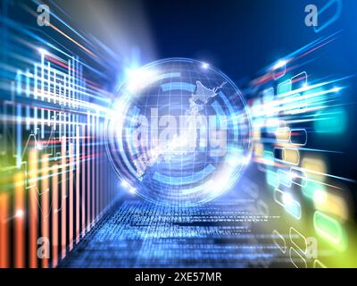 Glühender Globus und Analysedaten Stockfoto