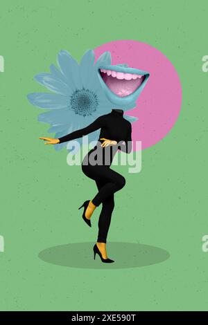 Composite Trend Artwork 3D Sketch Bild Foto Collage von Karikatur Bild Frau Mund Lippen Lächeln statt Kopf Dame Tanz Blume Natur Stockfoto