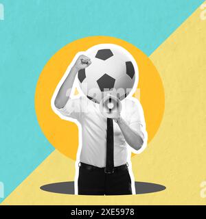 Ein Geschäftsmann mit einem Fußballkopf, der auf dem Megaphon auf einem farbigen Hintergrund schreit. Collage-Kunst Stockfoto
