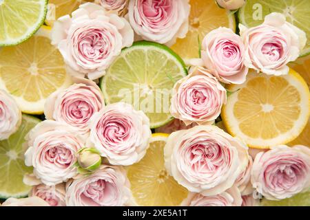 Arrangement von rosa Rosen, Zitrone und Limette Stockfoto