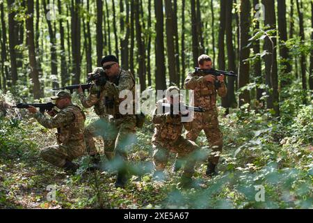 Eine spezielle militärische Antiterroreinheit führt eine geheime Operation in dichtem, gefährlichem Wald durch, demonstriert Präzision, Desinfektion Stockfoto