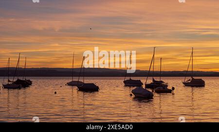 Sonnenaufgangspanorama Am Bodensee. Morgensonnenlicht Über Ruhigem Wasser. Stockfoto