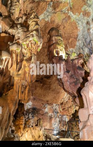 Eine Höhle mit vielen Felsformationen und grünem Moos, das darauf wächst. Stockfoto