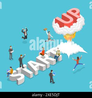 Flaches isometrisches Vektorkonzept für neue Unternehmensgründungen. Stockfoto