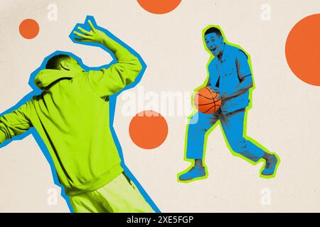 Composite Trend Artwork Skizzenbild 3D Foto Collage von Sport Anstrengung Übung dynamische Silhouette junger Mann spielen Basketball Spiel Wurf Stockfoto
