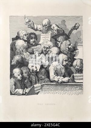 Schwarz-weiß-Illustration: „Der Chor der Sänger“ oder „das Oratorium“. Stich nach William Hogarth (1697-1764). Es wurde 1732 als Abonnement für seine große Gravur A Midnight Modern Conversation hergestellt. Dieses Faksimile erschien in E T Brain & Co's Buch von Hogarths Werken um 1830–35. Stockfoto