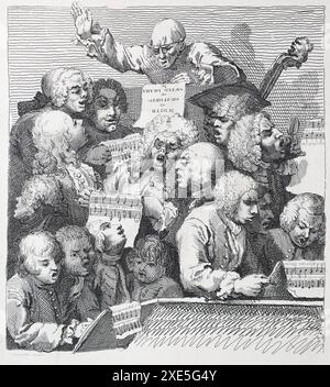 Schwarz-weiß-Illustration: „Der Chor der Sänger“ oder „das Oratorium“. Stich nach William Hogarth (1697-1764). Es wurde 1732 als Abonnement für seine große Gravur A Midnight Modern Conversation hergestellt. Dieses Faksimile erschien in E T Brain & Co's Buch von Hogarths Werken um 1830–35. Stockfoto