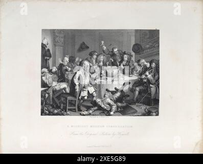 Gravur nach William Hogarth: A Midnight Modern Conversation. Der Druck zeigt eine Szene in einem privaten Raum in einer Taverne, in der elf Figuren aus einer großen Schüssel auf dem Tisch und in verschiedenen zuständen des Betrunkens einen Punsch trinken. Ein Faksimile von Hogarths eigener Gravur von ca. 1733. Gedruckt von E. T. Brain & Co. London, ca. 1830er Jahre Stockfoto