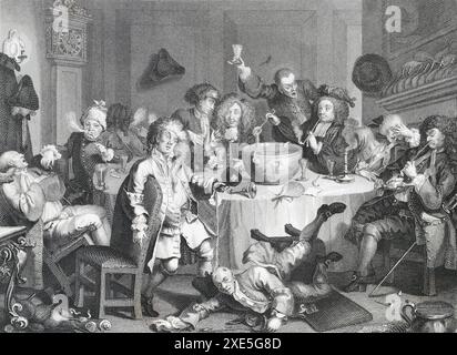 Gravur nach William Hogarth: A Midnight Modern Conversation. Der Druck zeigt eine Szene in einem privaten Raum in einer Taverne, in der elf Figuren aus einer großen Schüssel auf dem Tisch und in verschiedenen zuständen des Betrunkens einen Punsch trinken. Ein Faksimile von Hogarths eigener Gravur von ca. 1733. Gedruckt von E. T. Brain & Co. London, ca. 1830er Jahre Stockfoto