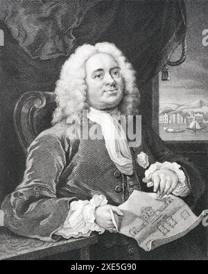 Stich nach William Hogarth: Daniel Lock Esq. Dieser Stich von B. Holl ist eine Kopie von Hogarths Porträt des berühmten britischen Architekten Daniel Lock F.S.A. aus dem Jahr 1762, gedruckt von E. T. Brain & Co. London, ca. 1830er Jahre Stockfoto