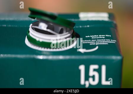 Dresden, Deutschland. Juni 2024. Ein Saftkarton steht mit geöffnetem Deckel auf einem Tisch. Um Abfall auf dem Land zu reduzieren, werden ab dem 3. Juli 2024 lose Deckel für bestimmte Getränke verboten. Dies gilt für Einwegverpackungen, die ganz oder teilweise aus Kunststoff bestehen - wie Saftkartons oder PET-Einwegflaschen - mit einem Volumen von bis zu drei Litern. Robert Michael/dpa/Alamy Live News Stockfoto