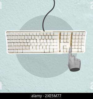 Zeitgenössische Kunstcollage mit einer Hand, die die Eingabetaste auf einer Computertastatur drückt, symbolisiert Kommunikation, Technologie und das digitale Zeitalter Stockfoto