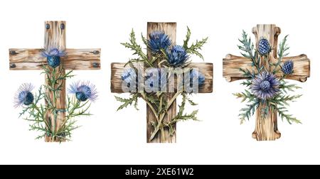 Set mit Blumenkreuzen. Ostergrenze, christliches Banner. Aquarell handgezeichnete Osterkarten, für christliche Drucke, religiöse Publikation Stockfoto