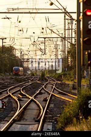 Zuggleise früh am Morgen am Hauptbahnhof Dortmund, Ruhrgebiet, Deutschland, Europa Stockfoto