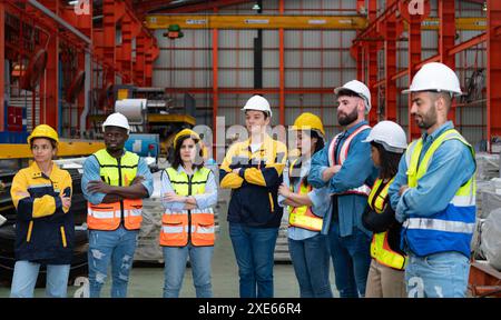 Porträt selbstbewusster Fabrikarbeiter, die mit gekreuzten Armen stehen und in die Kamera schauen Stockfoto