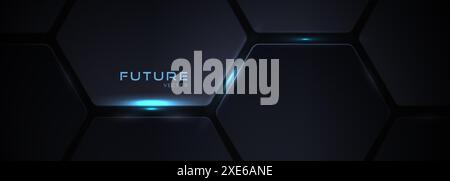 Dunkler sechseckiger abstrakter Technologiehintergrund mit hellblauen hellen Blitzen unter dem sechseckigen. Sechseckiges, abstraktes technisches Banner für Gaming-Vektor. Stock Vektor