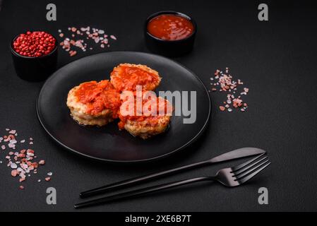 Köstliche frische Schnitzel oder Fleischbällchen mit Gewürzen, Kräutern und Tomatensauce Stockfoto