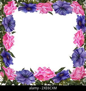 Wunderschöner quadratischer Rahmen aus rosa Rosen und Anemonen. Eine Aquarellblume, eine handgezeichnete Blumenillustration auf weißem Hintergrund. Stockfoto