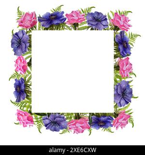 Wunderschöner quadratischer Rahmen aus rosa Rosen und Anemonen. Eine Aquarellblume, eine handgezeichnete Blumenillustration auf weißem Hintergrund. Stockfoto