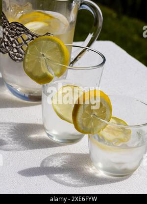 Zwei Gläser kaltes Zitronenwasser mit Eis, garniert mit Zitronenscheiben, zusammen mit einem mit Zitronenwasser gefüllten Krug und Eis auf einem weißen Tisch Stockfoto