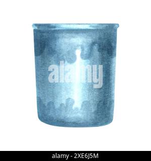 Kunststoffbecher blau, leerer Eimer. Handgezeichnete Aquarellillustration isoliert. Behälterkorb für Müll. Glas für Schreibgeräte. Clipart für Stockfoto