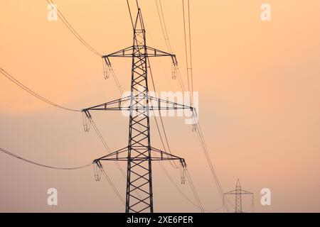 Untergehende Sonne hinter Silhouetten aus Strommasten und Stromleitungen, umhüllt von orangefarbenem Licht im Nebel. Kanton Zürich, Schweiz Stockfoto