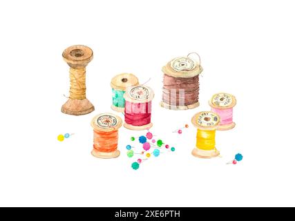 Bild der jährlichen Veranstaltung Nadel-Gedenkgottesdienst Fadenspulen und eine Stadtnadel [handgemalt Aquarell] weißer Hintergrund Stockfoto