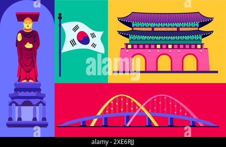 Wahrzeichen und Statuen Südkoreas - Set mit farbenfrohen Illustrationen im flachen Design Stock Vektor