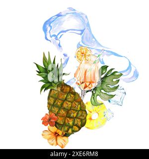 Sommer saftige Komposition aus Ananas, heller Cocktail, Hibiskusblüten, tropischen Blättern. Aquarellabbildung. Für Sommerzubehör, Textilien, Stockfoto