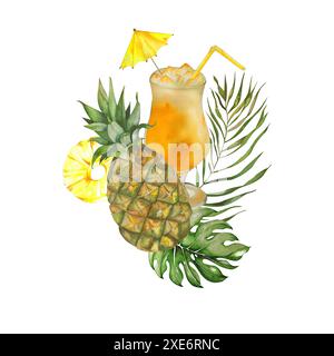 Sommer saftige Komposition aus Ananas, heller Cocktail, tropischen Blättern. Aquarellabbildung. Für Sommerzubehör, Textilien, Karten, Kosmetik Stockfoto