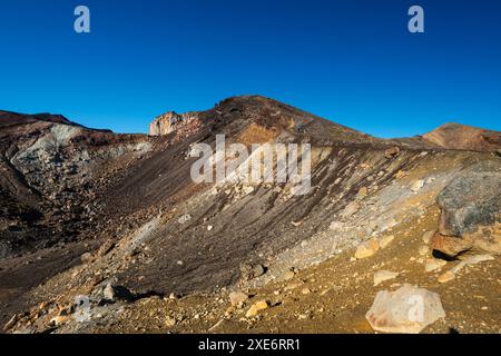 Blick entlang der Hanglage und des Wanderweges hinauf in Richtung des Vulkans Roter Krater, auf Tongariro Alpine Crossing, Tongariro National Park, UNESCO-Weltkulturerbe Stockfoto