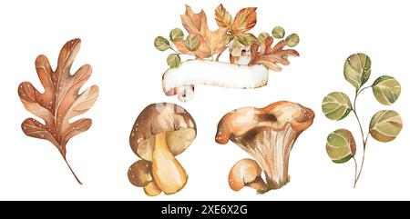 Theme Hello Autumn Festlegen. Blätter, Pilze, Komposition mit Blättern Eiche, Ahorn, Kastanien. Helle, Warme Aquarellillustration. Designelemente für Karte Stockfoto